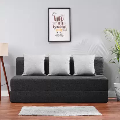 Solis Primus-comfort for all 5X6 Size for 3 Person- Jute Fabric Washable Cover with 3 Dark grey 3 Seater Single Foam Fold Out Sofa Cum Bed (Finish Color - Dark Grey. Delivery Condition - Pre-assembled)