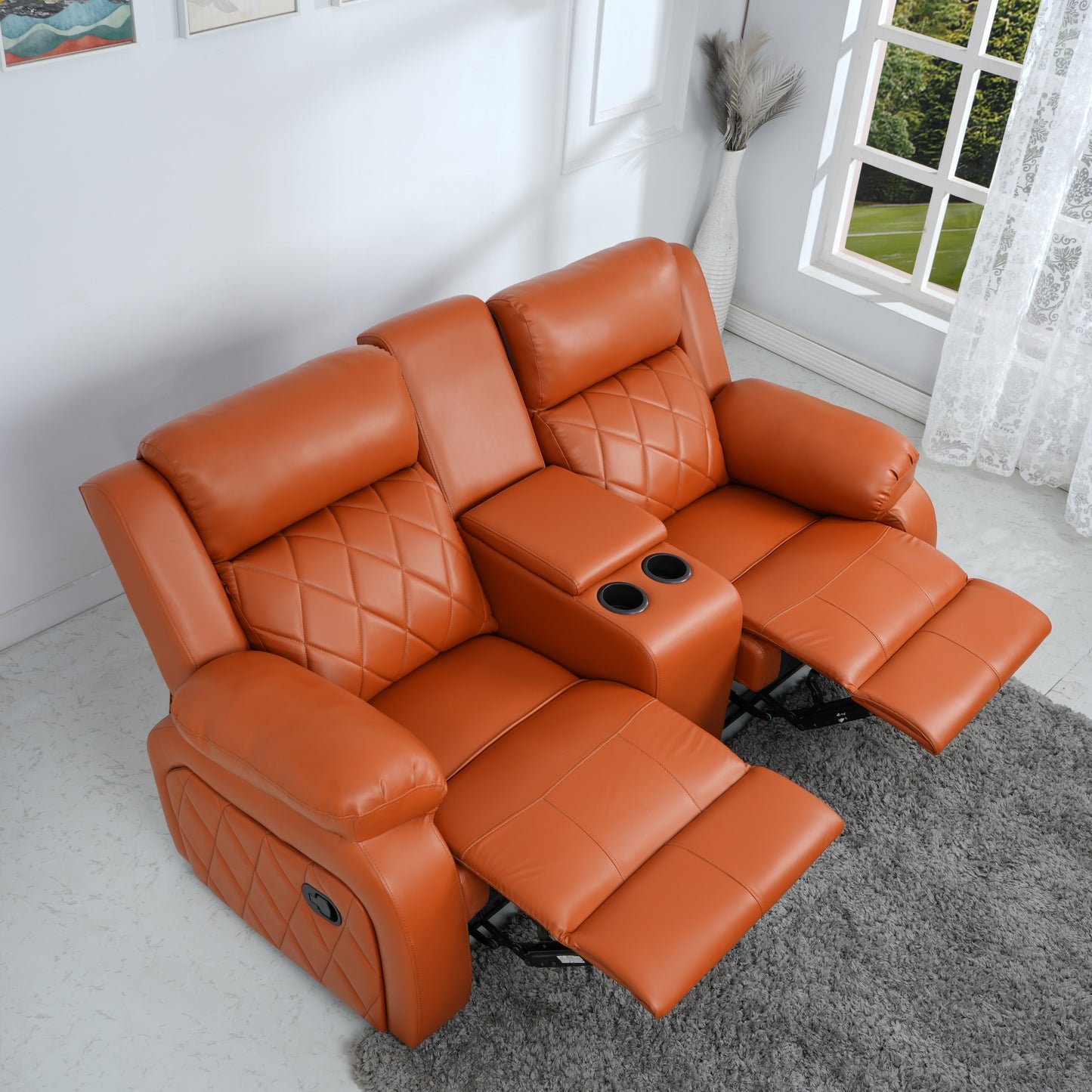 Twin- Modern Relaxyard 2-Person Sofa Manual Fabric Recliner Sofa with Center Console and Cup Holder (Tan, DIY)