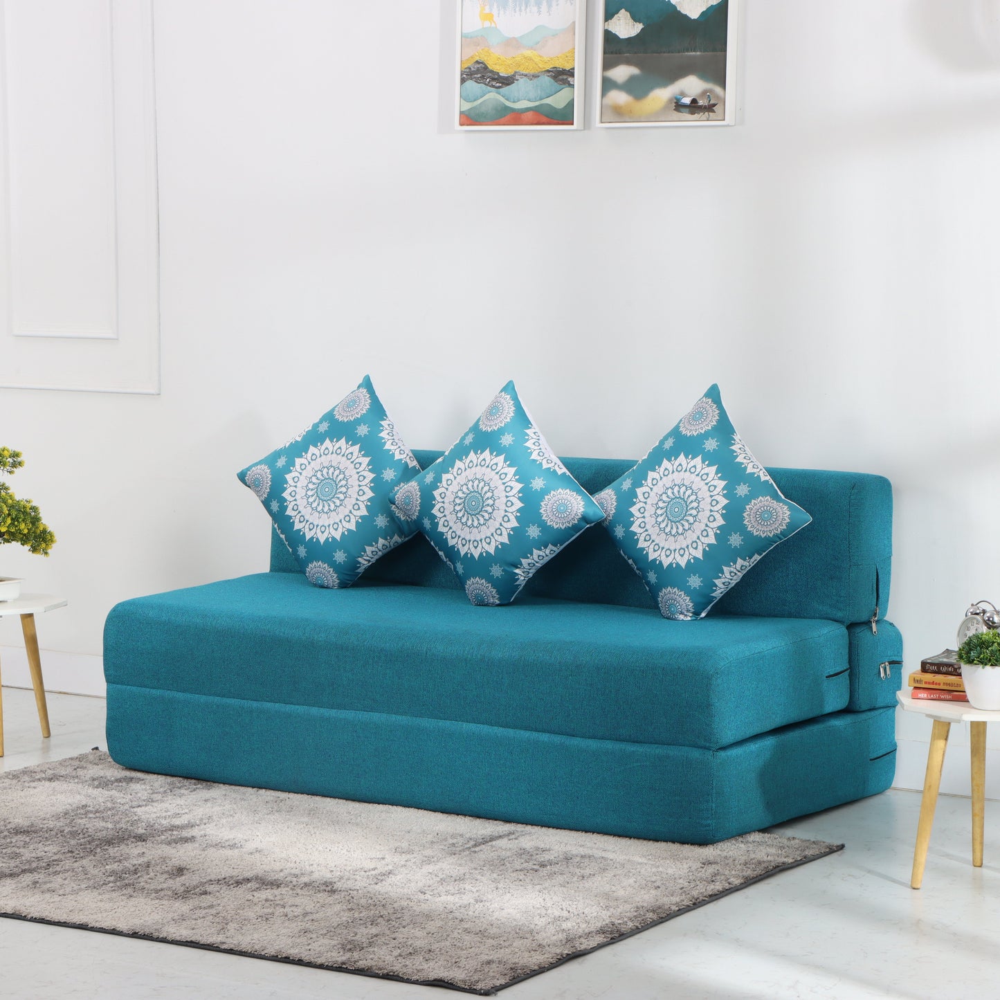 Solis Primus-comfort for all 3 Seater Double Foam Fold Out Sofa Cum Bed  with 3 Cushion Light Multi Flower Pattern(Finish Color - SKYBLUE Delivery Condition - Pre-assembled)