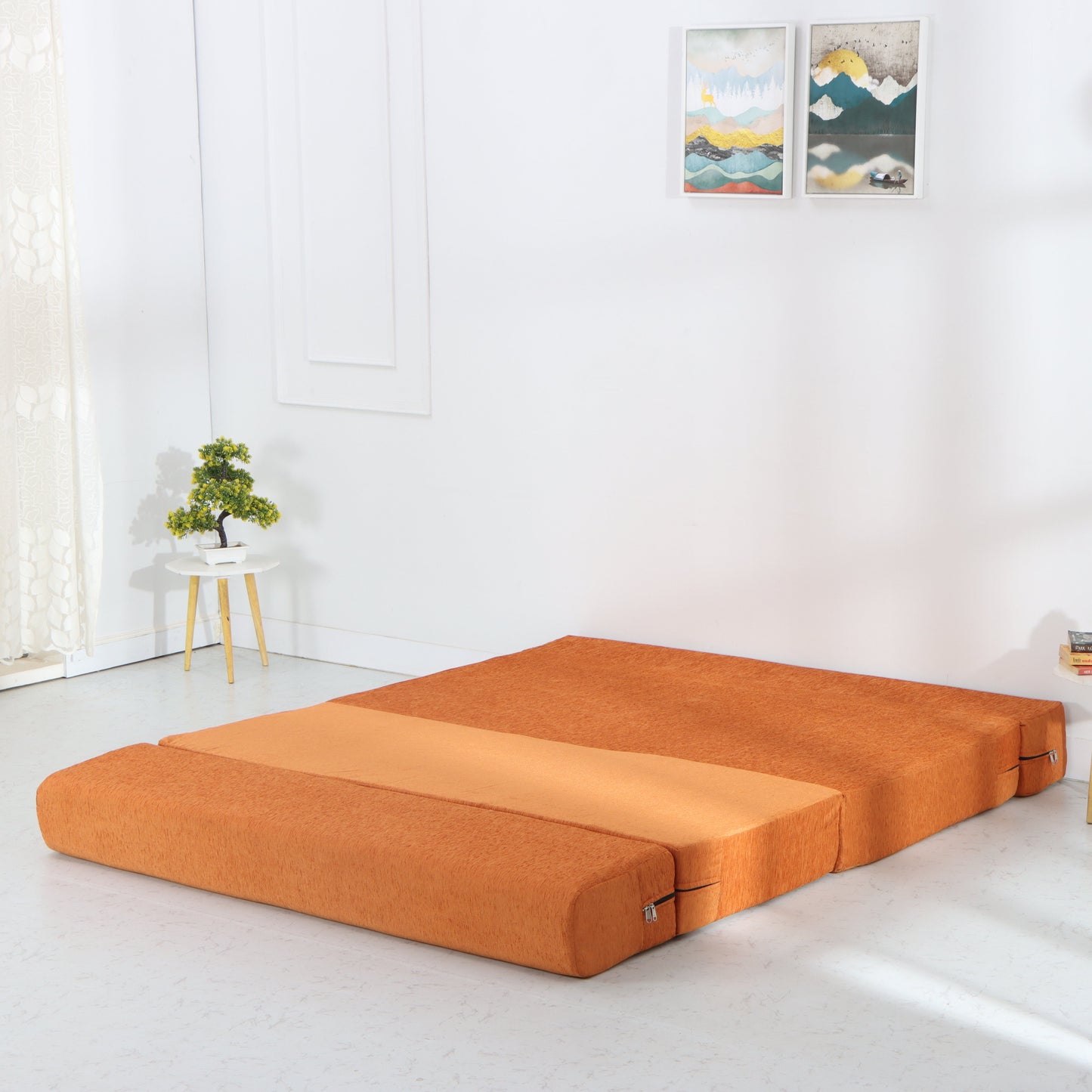 Solis Primus-comfort for all 3 Seater Double Foam Fold Out Sofa Cum Bed with 3 Zigzag Cushions (Finish Color - ORANGE Delivery Condition - Pre-assembled)