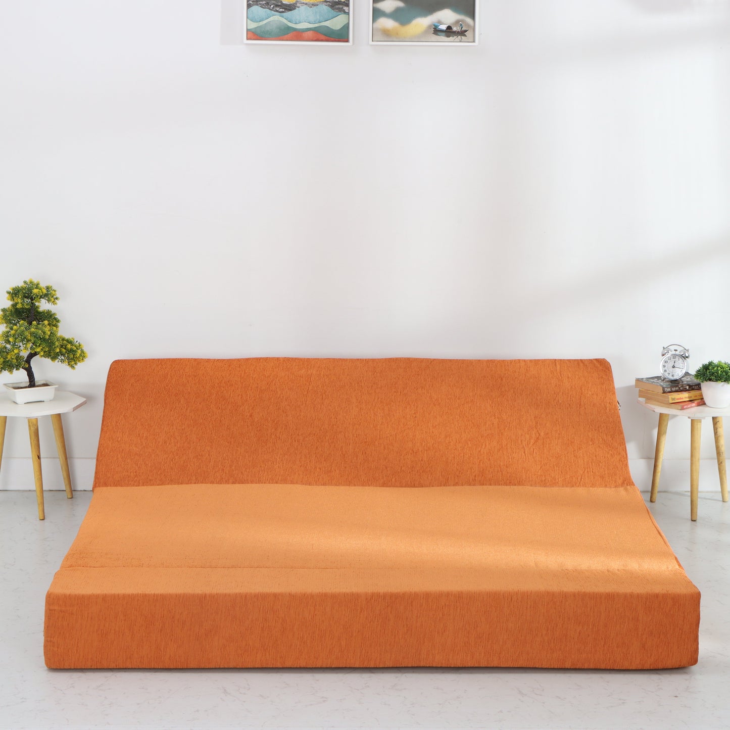 Solis Primus-comfort for all 3 Seater Double Foam Fold Out Sofa Cum Bed with 3 Zigzag Cushions (Finish Color - ORANGE Delivery Condition - Pre-assembled)