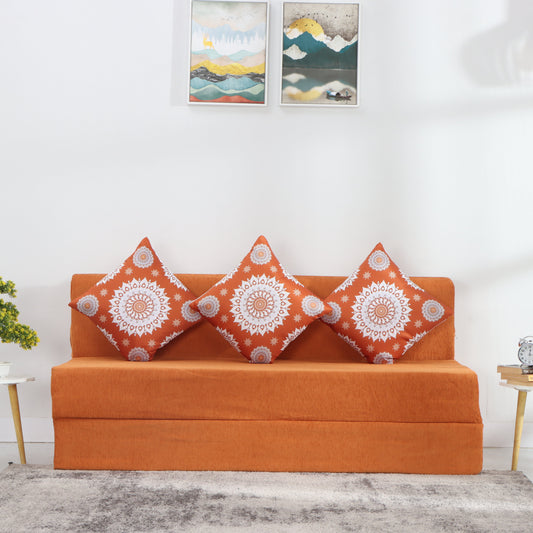 Solis Primus-comfort for all 5X6 size for 3 Person- Moshi Fabric Washable Cover with 3 Light Multi Flower Cushions 3 Seater Double Foam Fold Out Sofa Cum Bed (Finish Color - ORANGE Delivery Condition - Pre-assembled)