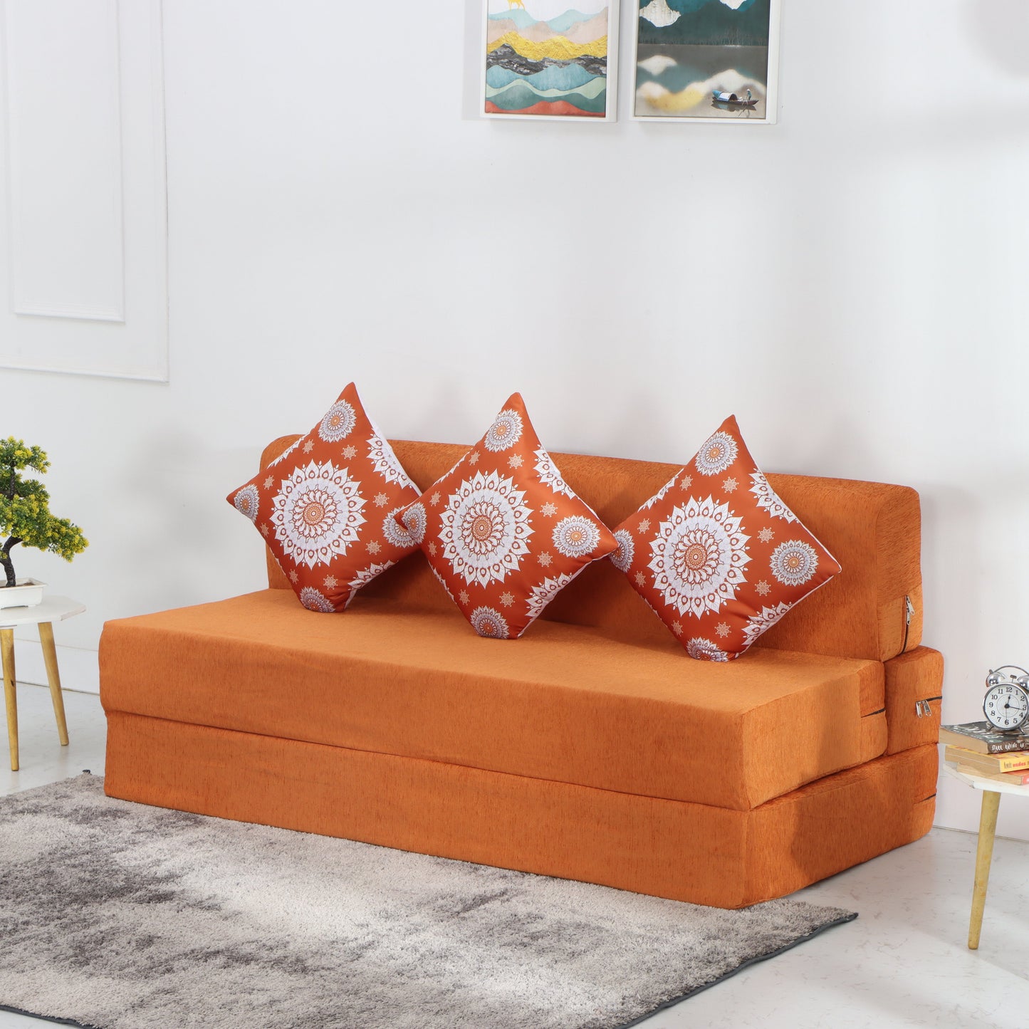 Solis Primus-comfort for all 5X6 size for 3 Person- Moshi Fabric Washable Cover with 3 Light Multi Flower Cushions 3 Seater Double Foam Fold Out Sofa Cum Bed (Finish Color - ORANGE Delivery Condition - Pre-assembled)