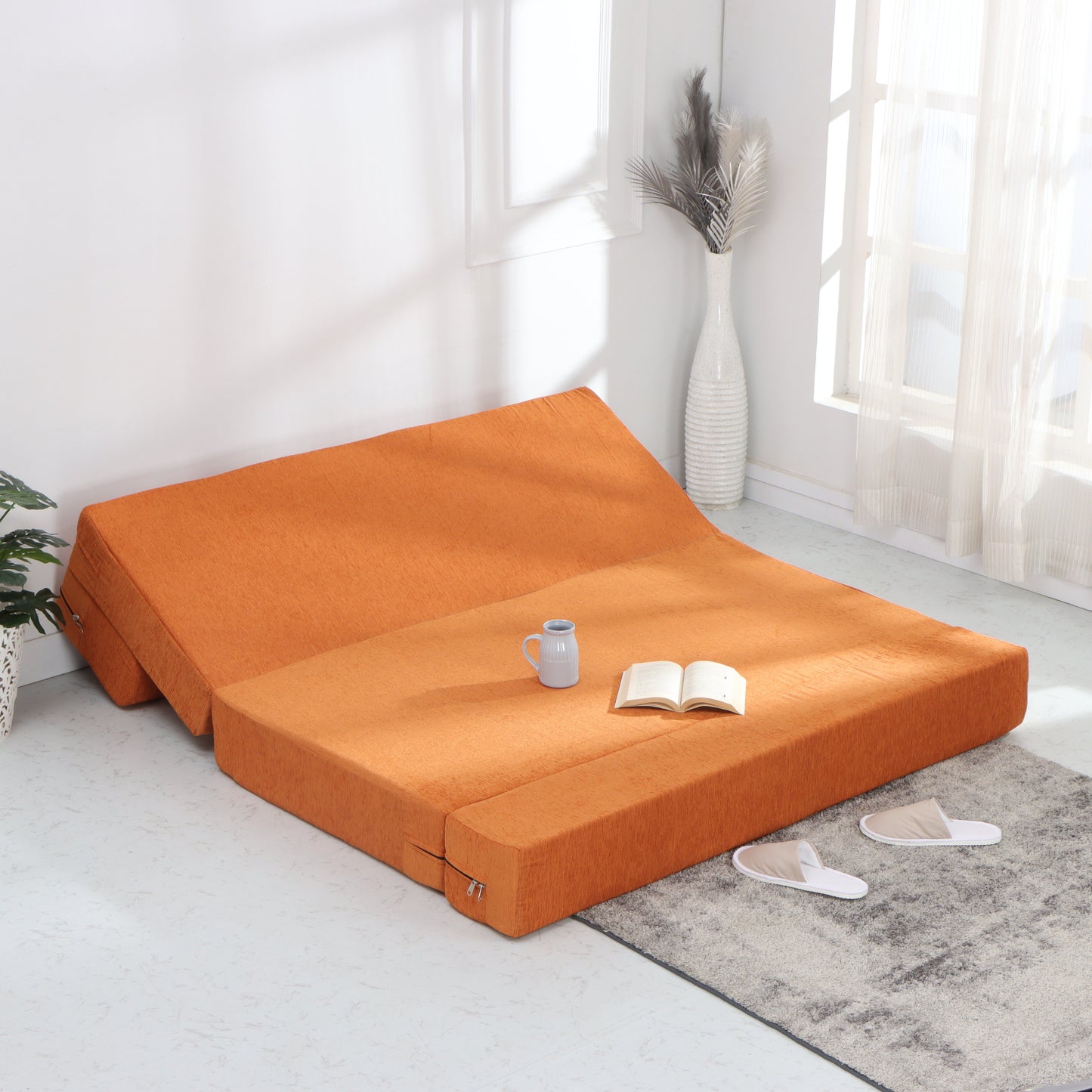 Solis Primus-comfort for all 5X6 size for 3 Person- Moshi Fabric Washable Cover with 3 Light Multi Flower Cushions 3 Seater Double Foam Fold Out Sofa Cum Bed (Finish Color - ORANGE Delivery Condition - Pre-assembled)