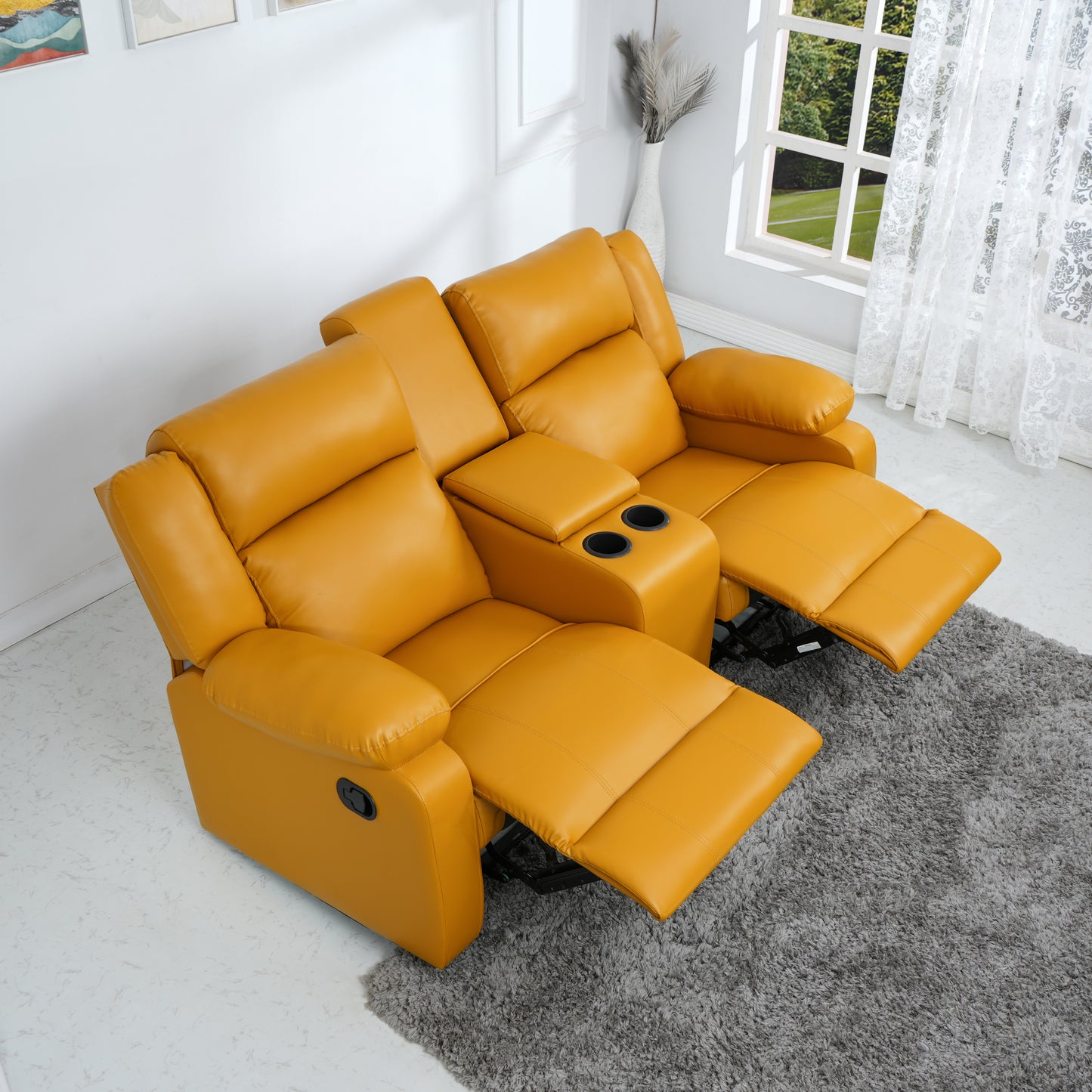 Twin- Modern Sungheaven 2-Person Sofa Manual Fabric Recliner Sofa with Center Console and Cup Holder (Yellow, DIY)