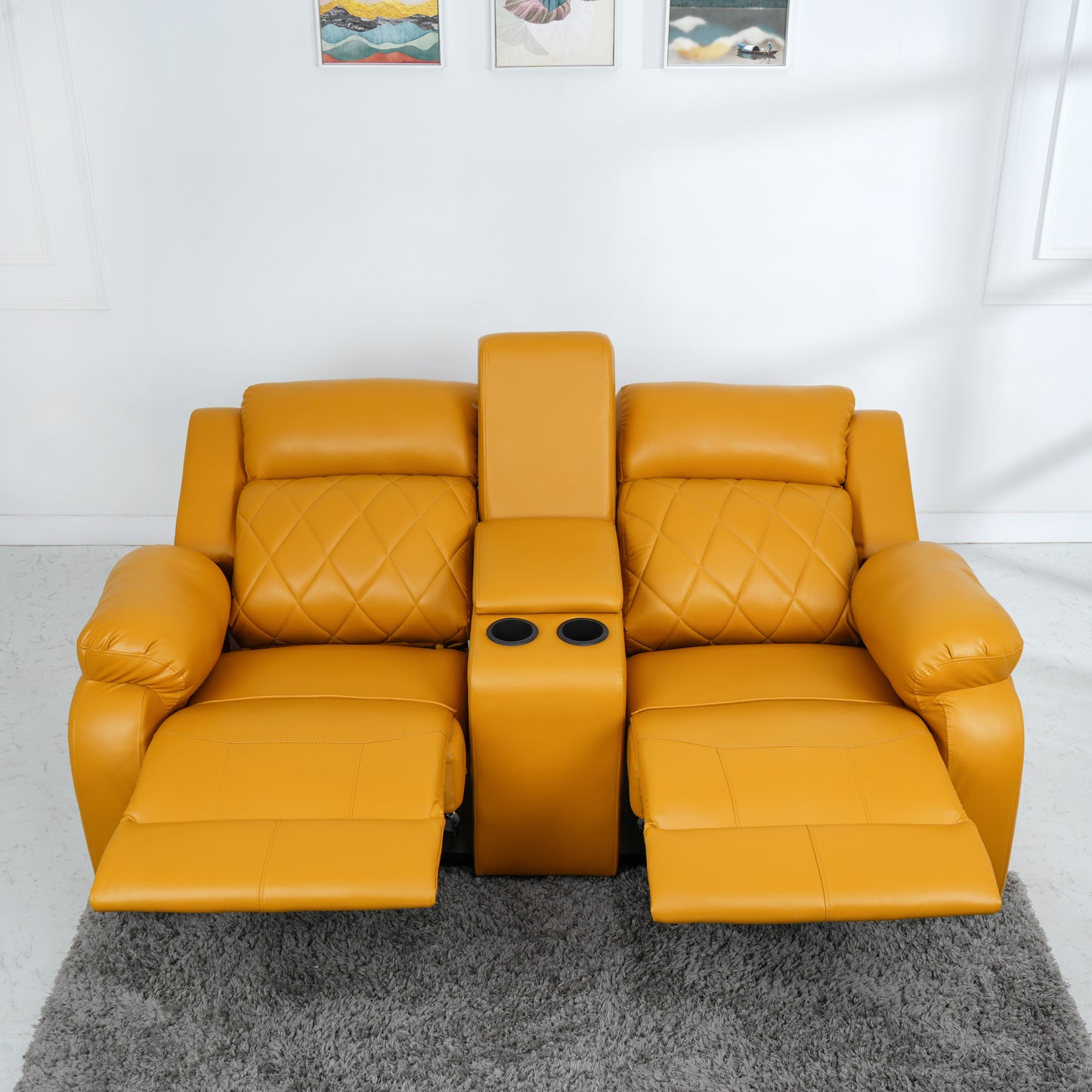 Twin- Modern Relaxyard 2-Person Sofa Manual Fabric Recliner Sofa with Center Console and Cup Holder (Yellow, DIY)