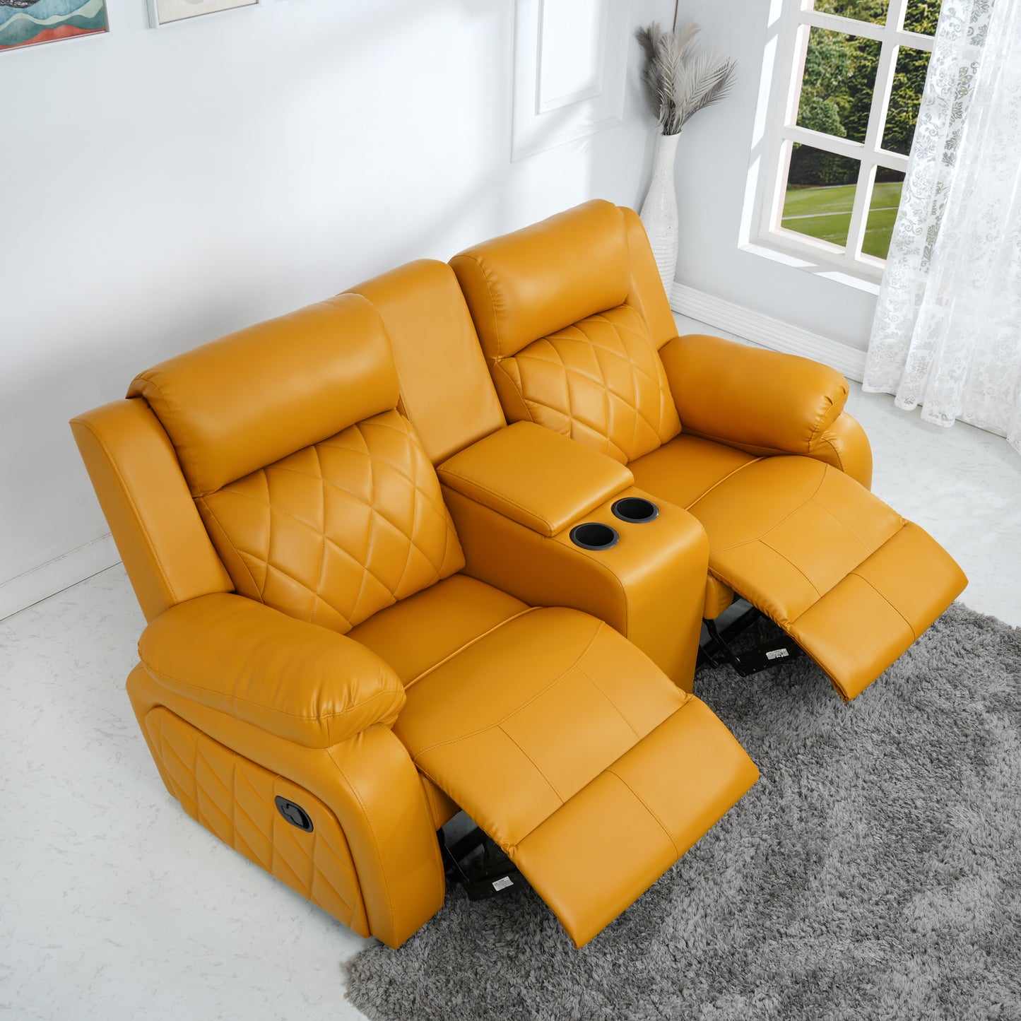 Twin- Modern Relaxyard 2-Person Sofa Manual Fabric Recliner Sofa with Center Console and Cup Holder (Yellow, DIY)