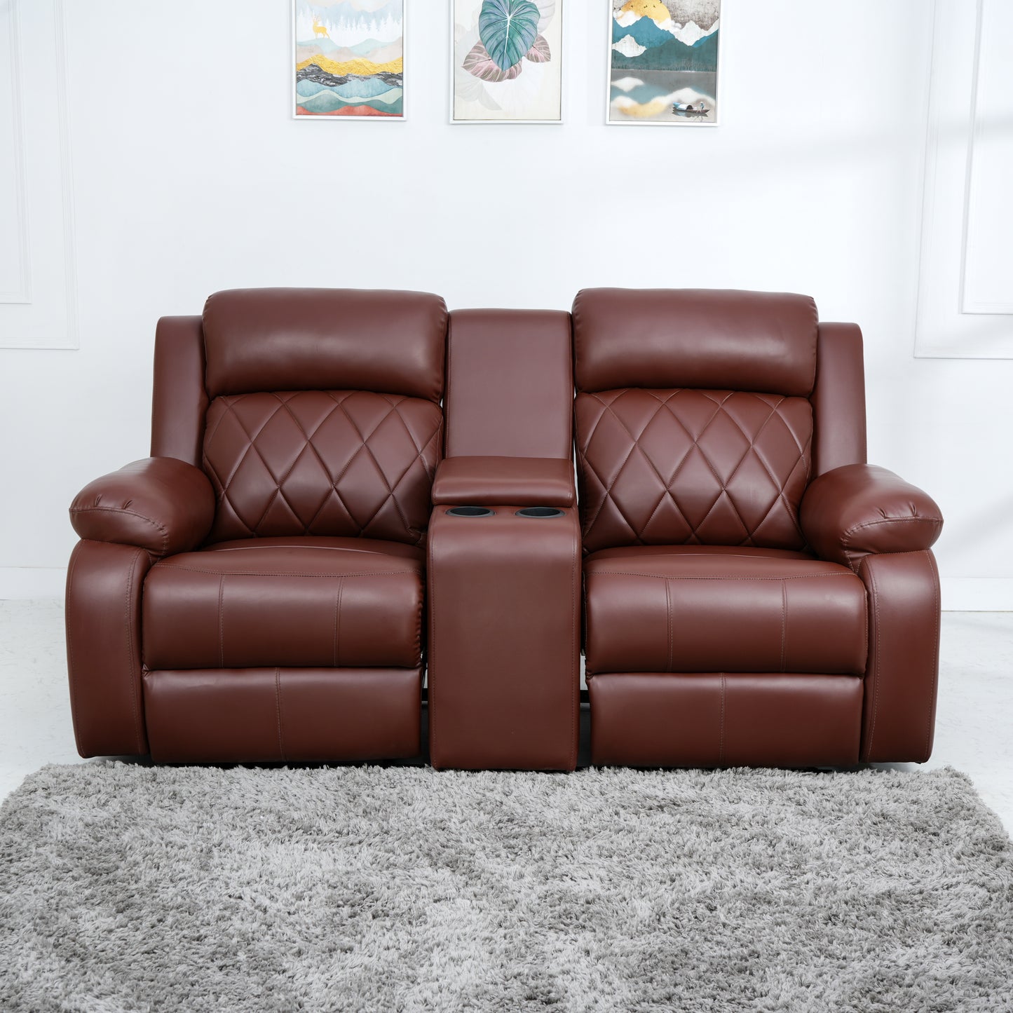 SOLIS ROYALE Modern Relaxyard 2-Person Sofa Manual Fabric Recliner Sofa with Center Console and Cup Holder (Drak Brown, DIY)