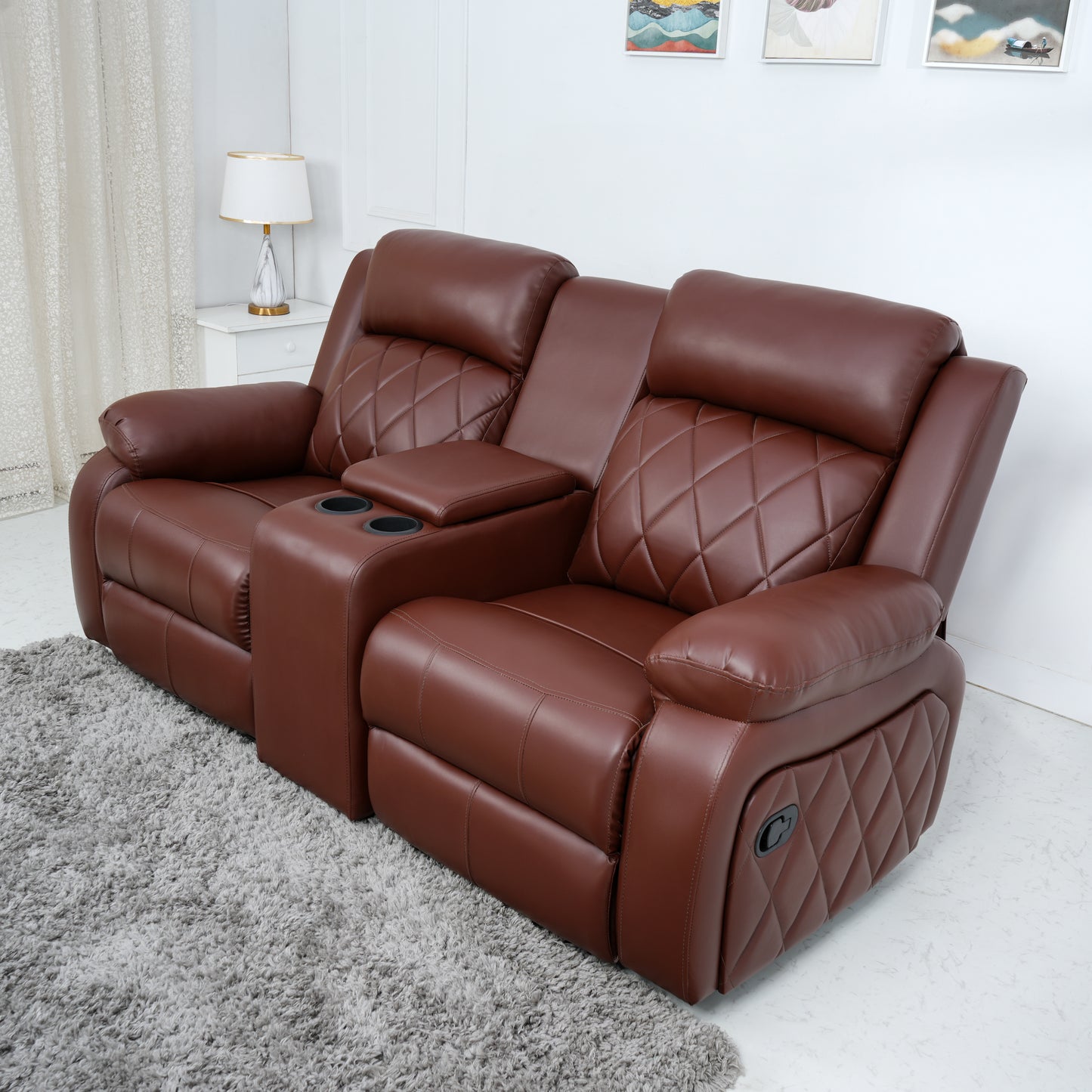 SOLIS ROYALE Modern Relaxyard 2-Person Sofa Manual Fabric Recliner Sofa with Center Console and Cup Holder (Drak Brown, DIY)