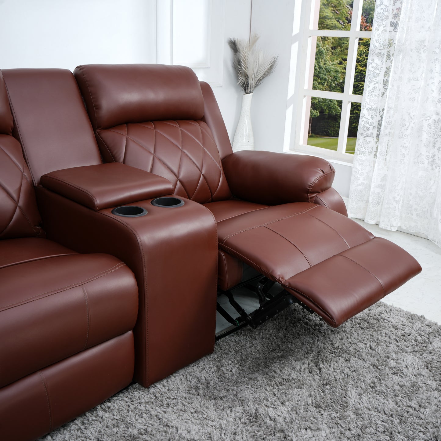 SOLIS ROYALE Modern Relaxyard 2-Person Sofa Manual Fabric Recliner Sofa with Center Console and Cup Holder (Drak Brown, DIY)