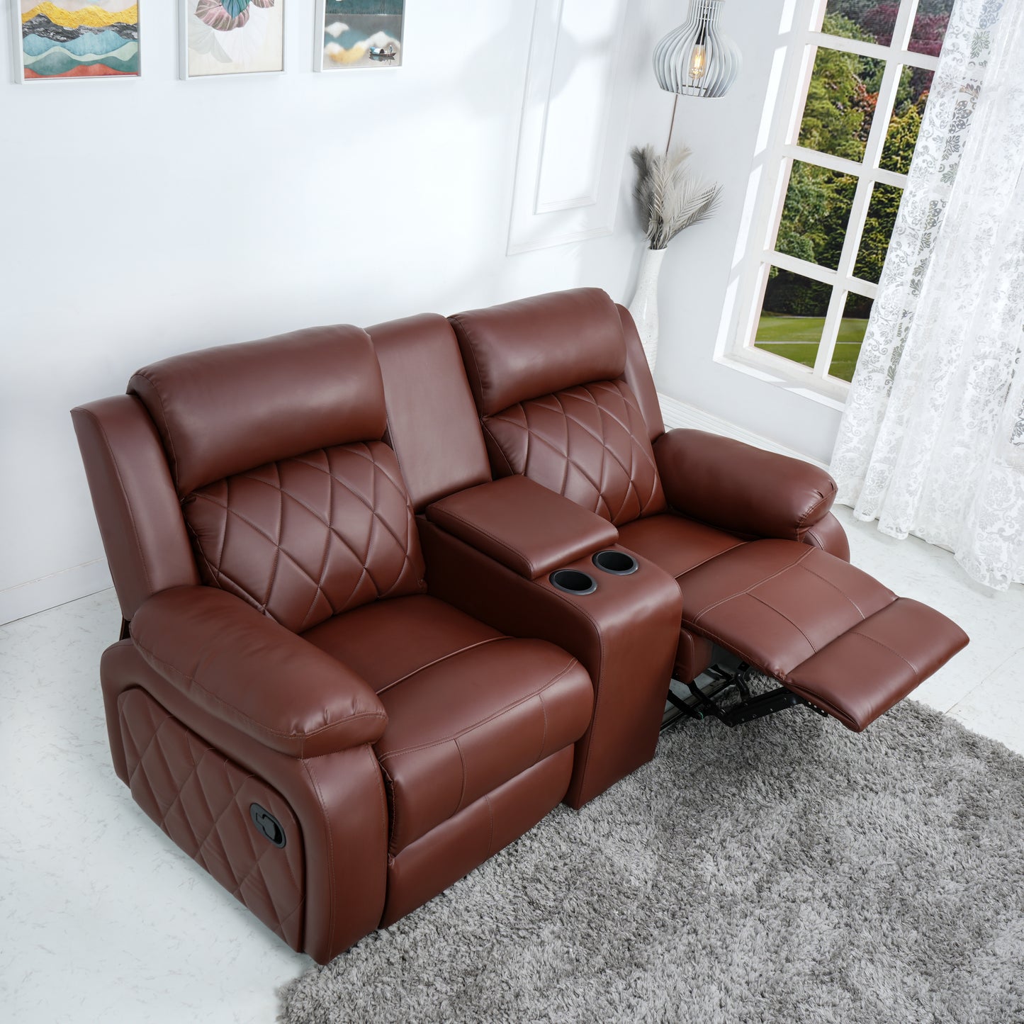 SOLIS ROYALE Modern Relaxyard 2-Person Sofa Manual Fabric Recliner Sofa with Center Console and Cup Holder (Drak Brown, DIY)