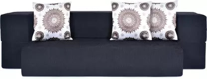 Solis Primus-comfort for all 3 Seater Double Foam Fold Out Sofa Cum Bed (Finish Color - Black with 3 White Brown Medallion Cushion Delivery Condition - Pre-assembled)