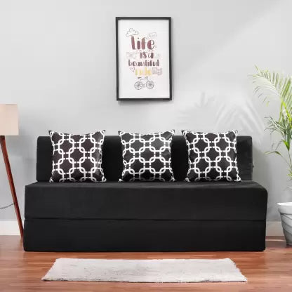 Solis Primus-comfort for all 5X6 size for 3 Person- Moshi Fabric Washable Cover 3 Seater Single Fold Out Sofa Cum Bed (Finish Color - BLACK. Delivery Condition - Pre-assembled)