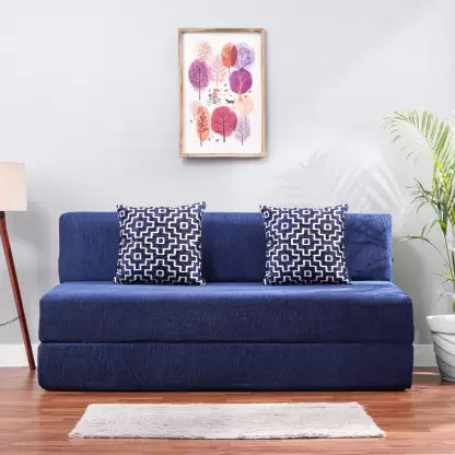 Solis Primus-comfort for all 3 Seater Double Foam Fold Out Sofa Cum Bed (Finish Color - Chenille Navy Blue with 2 Multi Square Cushion Delivery Condition - Pre-assembled)