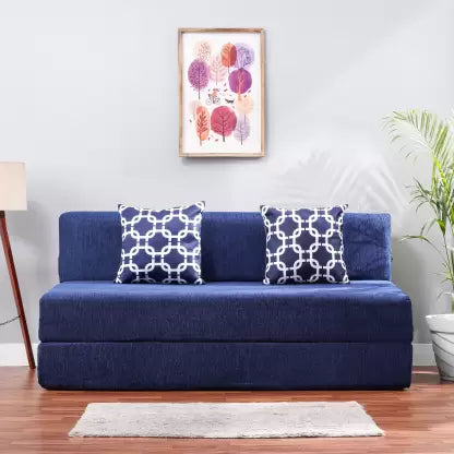 Solis Primus-comfort for all 3 Seater Double Foam Fold Out Sofa Cum Bed (Finish Color - Chenille Navy Blue with 2 Multi Chain Cushion Delivery Condition - Pre-assembled)