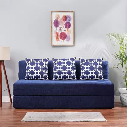 Solis Primus-comfort for all 3 Seater Double Foam Fold Out Sofa Cum Bed (Finish Color - Chenille Navy Blue with 3 Multi Square Cushion Delivery Condition - Pre-assembled)