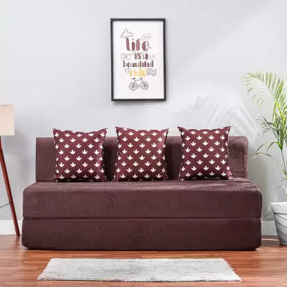 Solis Primus-comfort for all 5X6 Chenille Fabric with 3 (Multi Leaf) Coffee 3 Seater Double Foam Fold Out Sofa Cum Bed (Finish Color - Chenille Coffee with 3 Multi Leaf Cushion Delivery Condition - Pre-assembled)