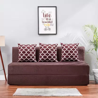 Solis Primus-comfort for all 3 Seater Double Foam Fold Out Sofa Cum Bed (Finish Color - Chenille Coffee with 3 Multi Oval Cushion Delivery Condition - Pre-assembled)