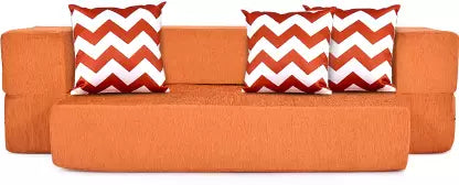 Solis Primus-comfort for all SOLISPRIMUS- COMFORT FOR ALL 3 Seater Double Foam Fold Out Sofa Cum Bed (Finish Color - Orange with 3 Zigzag Cushion Delivery Condition - Pre-assembled)