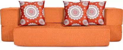 Solis Primus-comfort for all 3 Seater Double Foam Fold Out Sofa Cum Bed (Finish Color - Orange with 3 Red Medallion Cushion Delivery Condition - Pre-assembled)