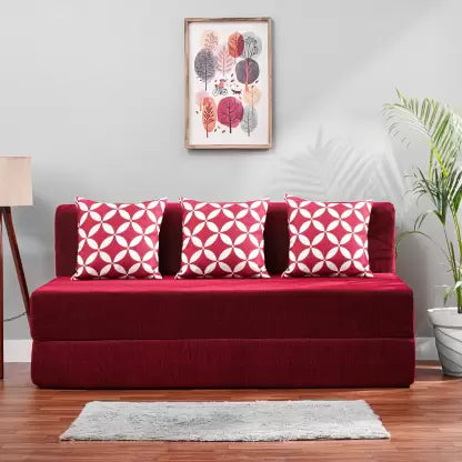 Solis Primus-comfort for all 5X6 Chenille Fabric with 3 (Star)- Plain Maroon 3 Seater Double Foam Fold Out Sofa Cum Bed (Finish Color - Chenille Plain Maroon with 3 Multi Star Cushion Delivery Condition - Pre-assembled)