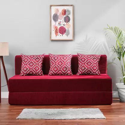 Solis Primus-comfort for all 5X6 Size 3 Seater Double Foam Fold Out Sofa Cum Bed (Finish Color - Chenille Plain Maroon with 3 Multi Square Cushion Delivery Condition - Pre-assembled)