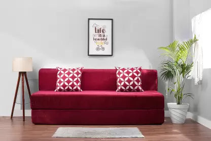 SOLISPRIMUS-COMFORT FOR ALL 3 Seater Double Fold Out Sofa Cum Bed with 2 Multi-Star Pattern Cushion (Finish Color - Maroon Delivery Condition - Pre-assembled)